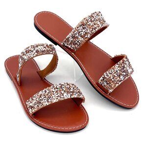 Glitter Slide Sandals Womens Size US 10 EU 42 Brown Silver Sparkly Double Strap